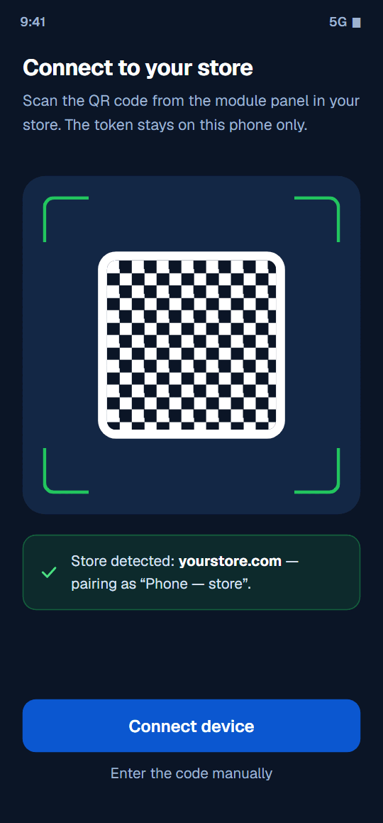 Pairing with a QR code — the only setup step.