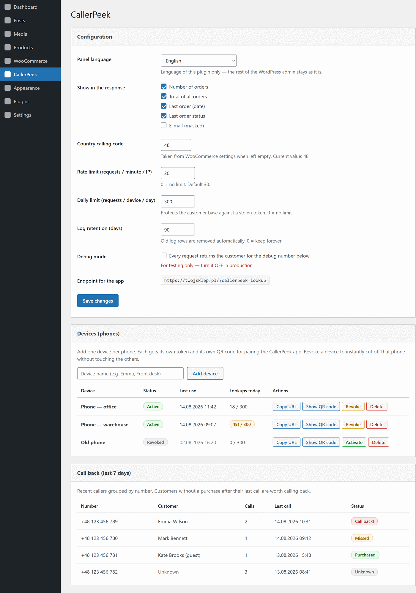 The CallerPeek plugin panel in WooCommerce — configuration, device list with tokens and the call-back list