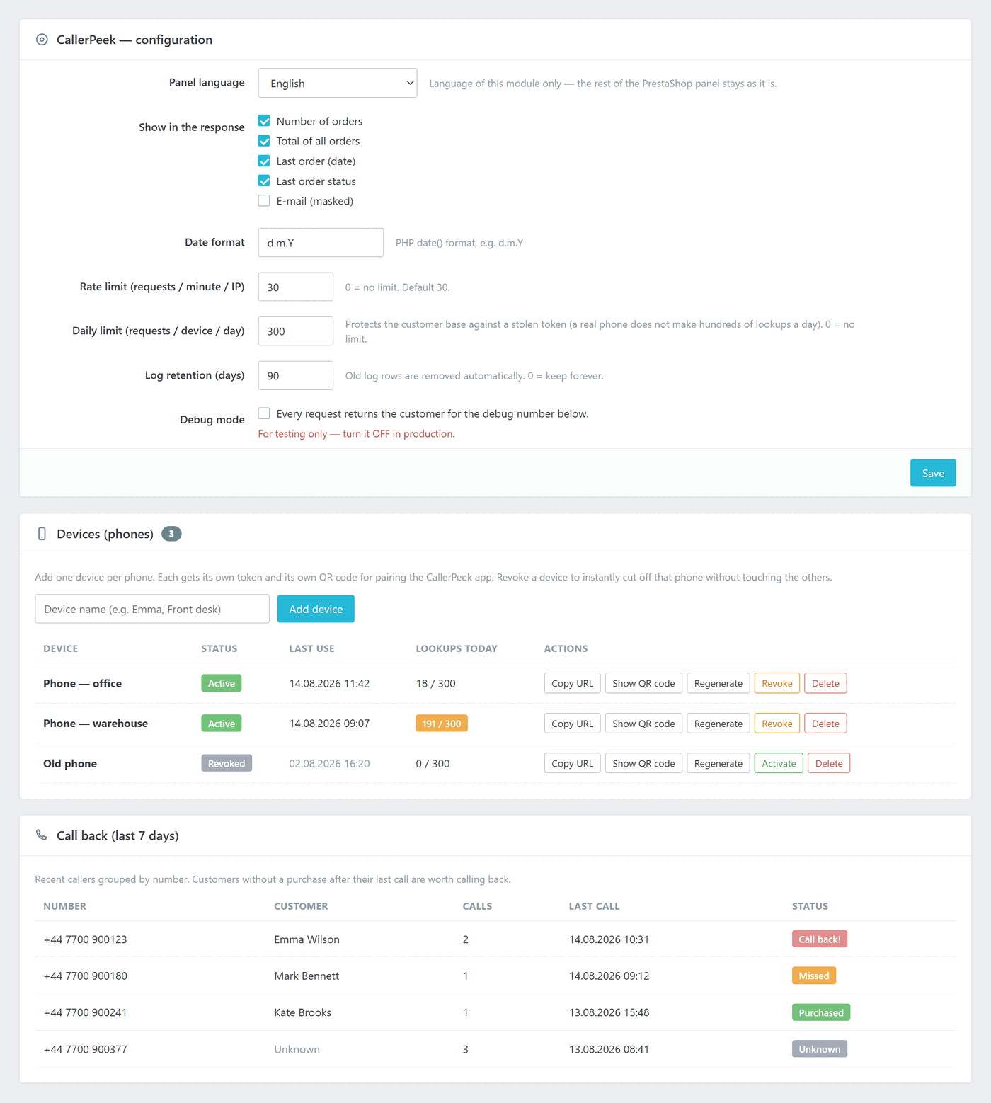 The module panel in PrestaShop — settings, devices with separate tokens and the call-back list. The panel speaks 13 languages too.