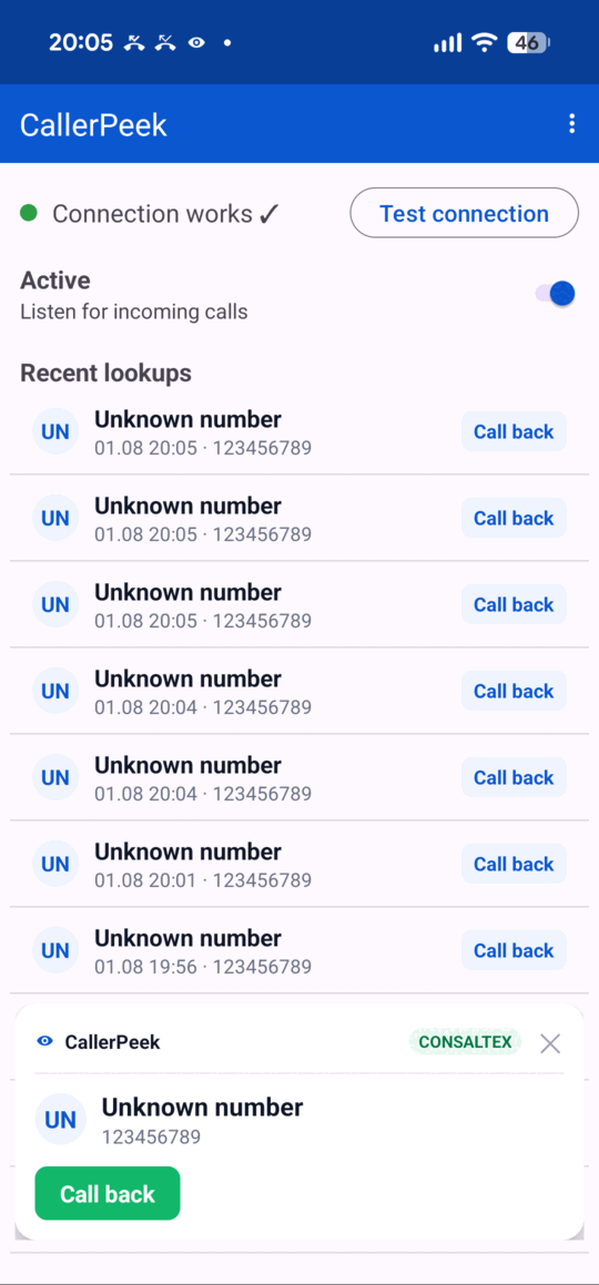The customer popup during a call.