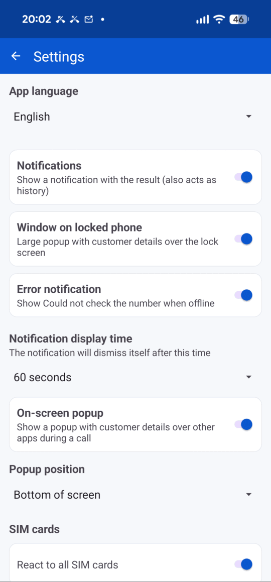 Settings — notifications, popup, SIM, language.
