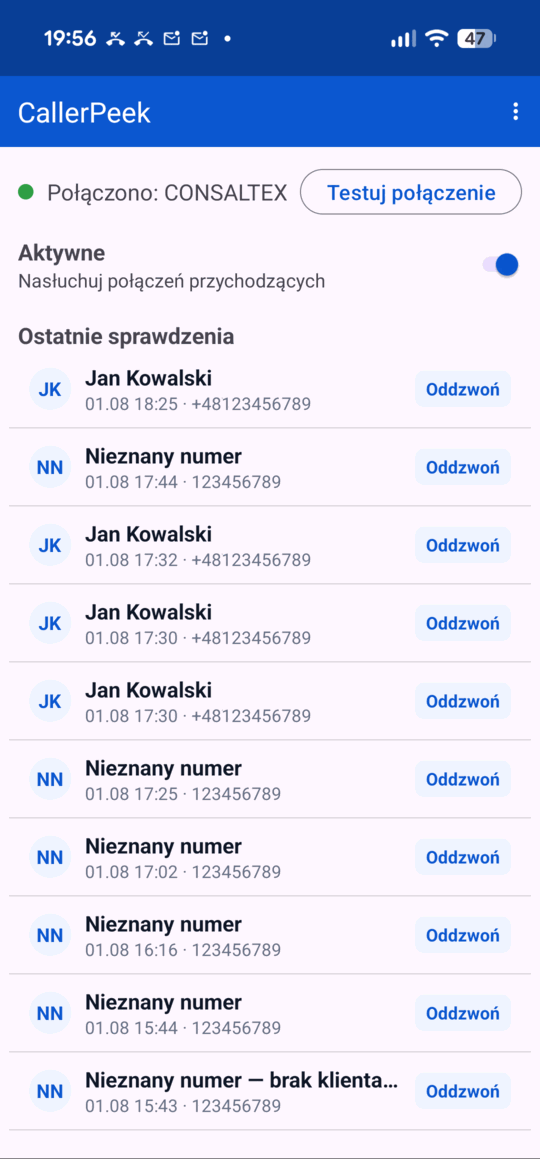 Ekran główny — status sklepu i dziesięć ostatnich sprawdzeń z przyciskiem oddzwaniania.