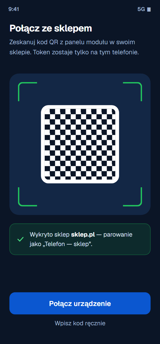 Parowanie kodem QR — jedyny krok konfiguracji w telefonie.