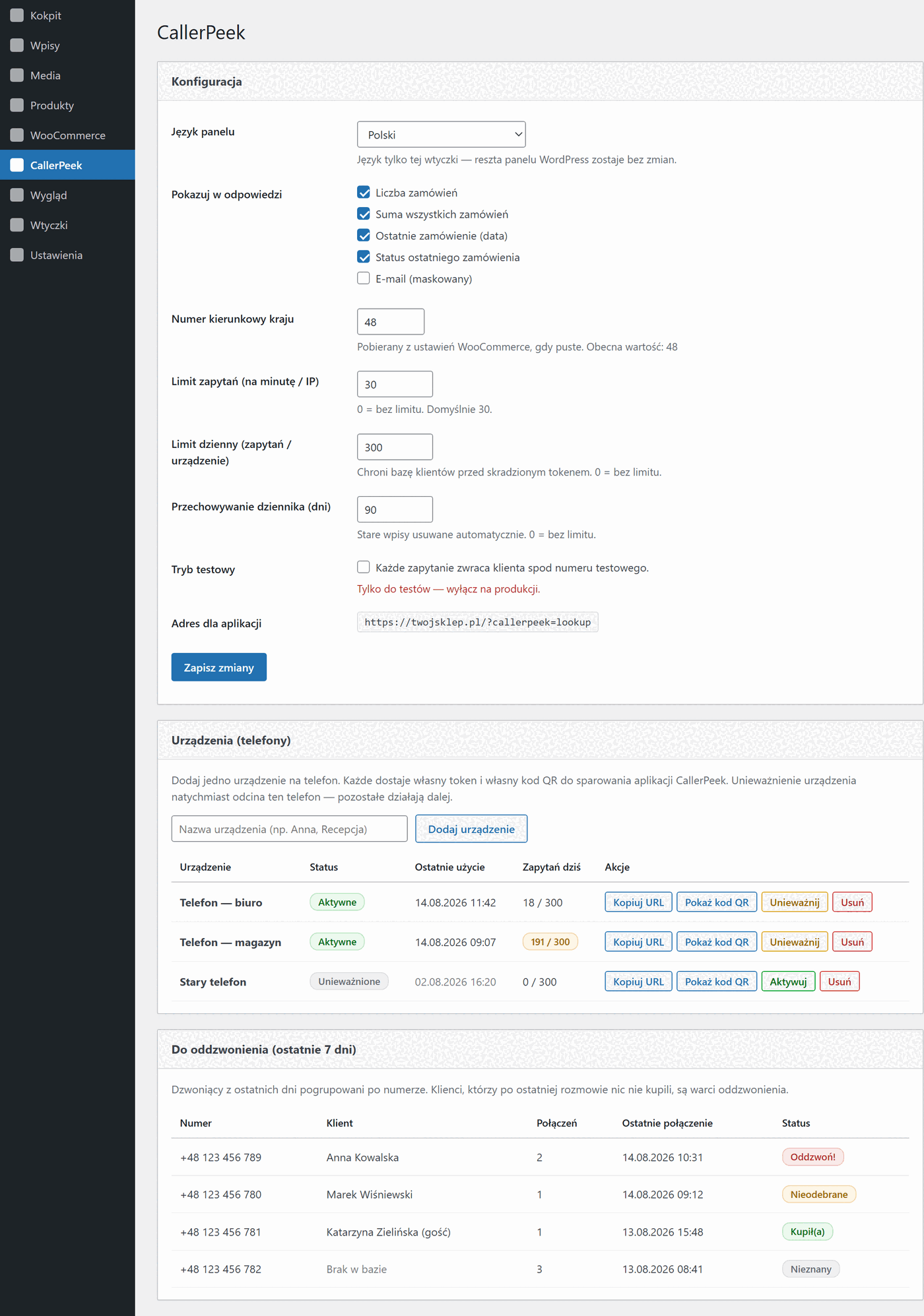 Panel wtyczki CallerPeek w WooCommerce — konfiguracja, lista urządzeń z tokenami i lista do oddzwonienia