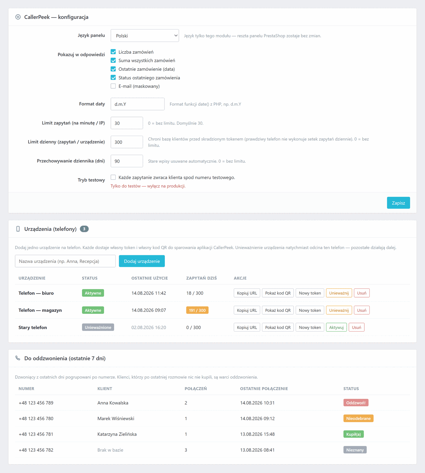 Panel modułu w PrestaShop — ustawienia, urządzenia z osobnymi tokenami i lista „Do oddzwonienia”. Panel także w 13 językach.