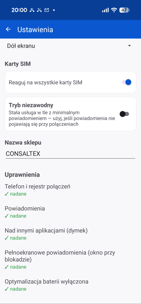Tryb niezawodny i lista uprawnień — aplikacja sama pokazuje, czego jej brakuje.