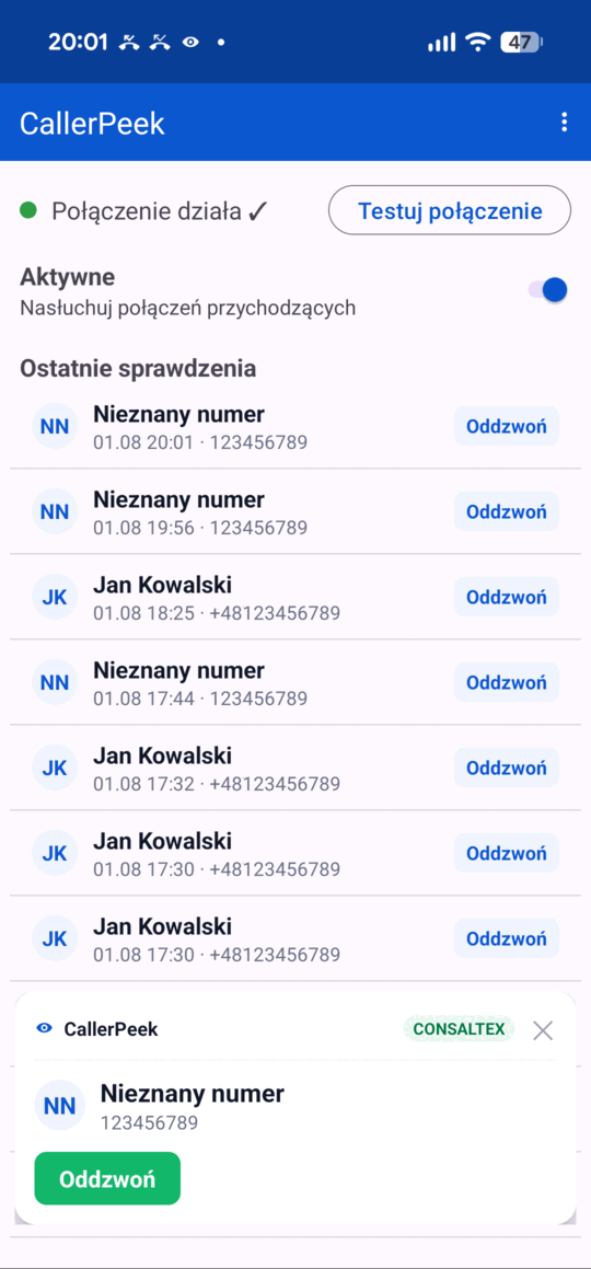Dymek z danymi klienta w trakcie połączenia — nad każdą aplikacją.