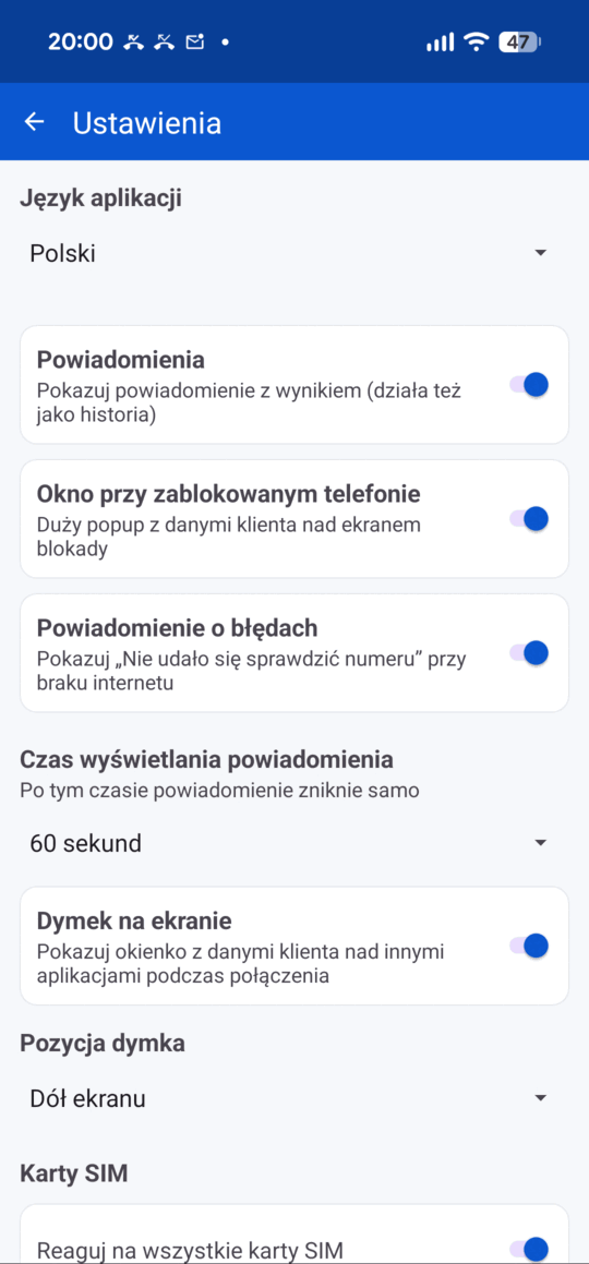 Ustawienia — powiadomienia, pozycja dymka, karty SIM i język aplikacji.